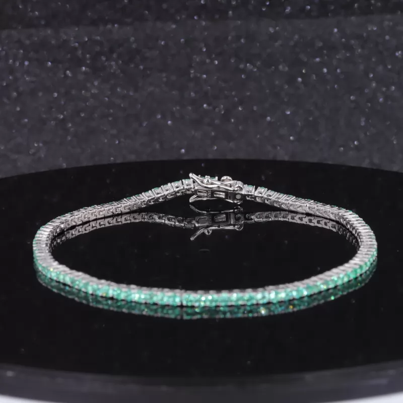 2mm Round Brilliant Cut Green Moissanite S925 Sterling Silver Tennis Bracelet