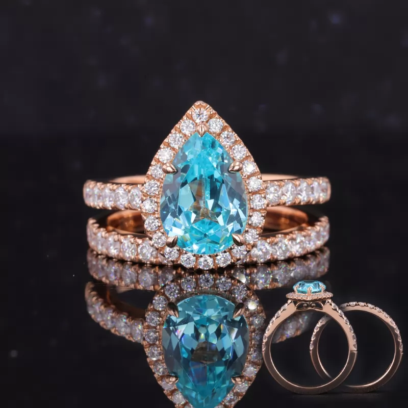 7×10mm Pear Cut Lab Grown Paraiba Sapphire 18K Rose Gold Stackable Rings