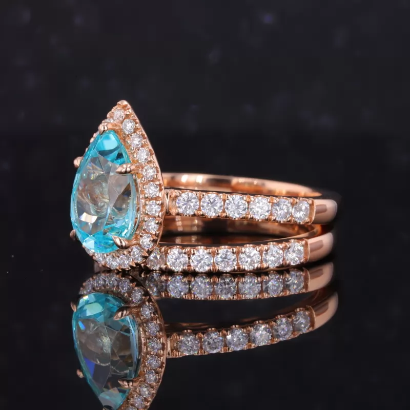 7×10mm Pear Cut Lab Grown Paraiba Sapphire 18K Rose Gold Stackable Rings