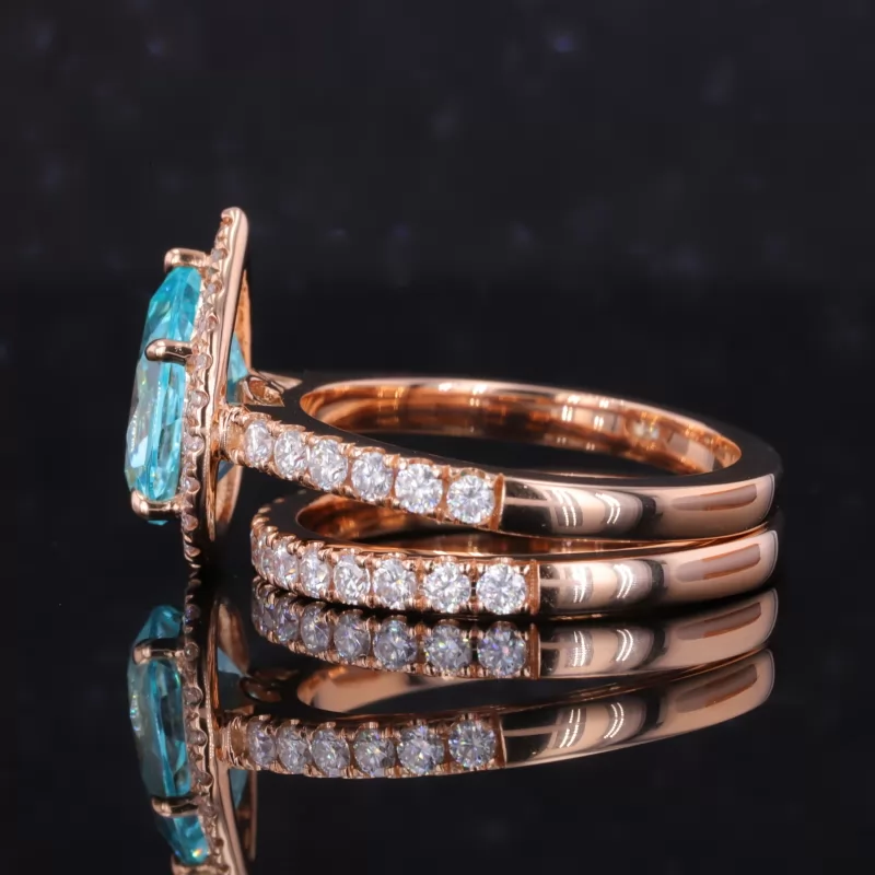7×10mm Pear Cut Lab Grown Paraiba Sapphire 18K Rose Gold Stackable Rings