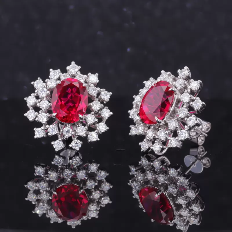 7×9mm Oval Cut Lab Grown Ruby 14K White Gold Diamond Stud Earrings