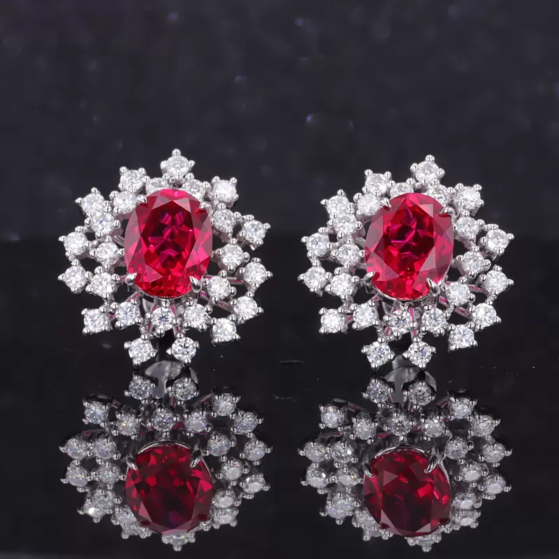 7×9mm Oval Cut Lab Grown Ruby 14K White Gold Diamond Stud Earrings
