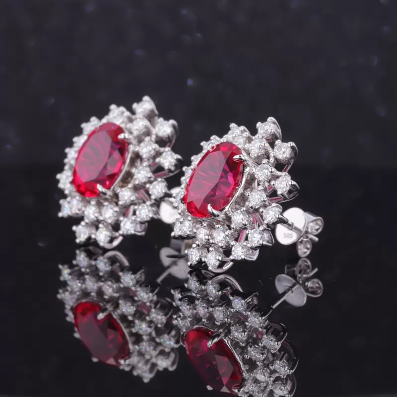 7×9mm Oval Cut Lab Grown Ruby 14K White Gold Diamond Stud Earrings