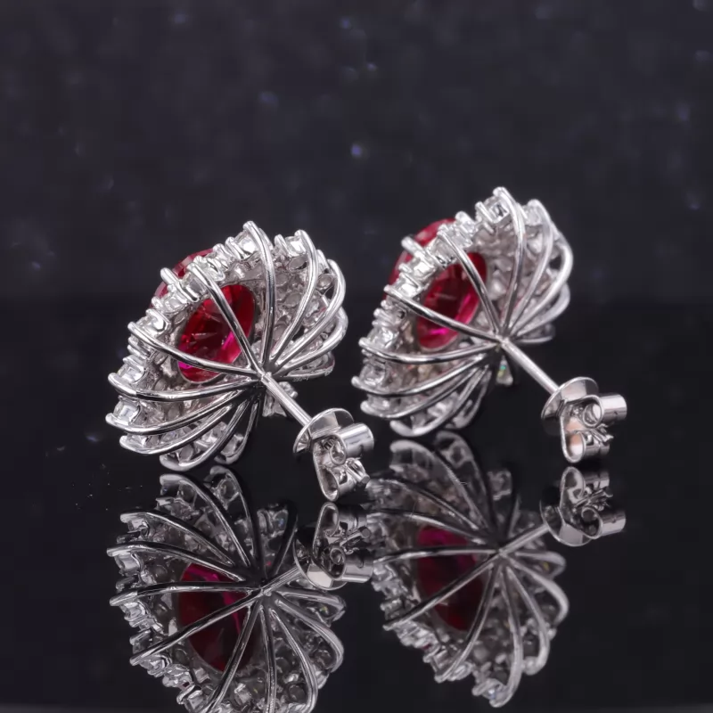 7×9mm Oval Cut Lab Grown Ruby 14K White Gold Diamond Stud Earrings