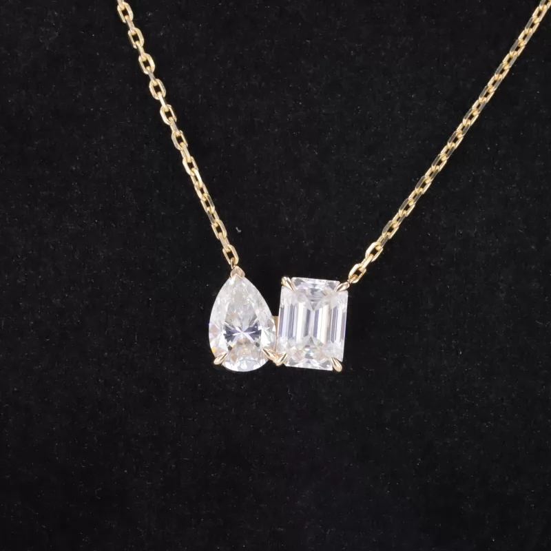 6×9mm Pear Cut Moissanite & 6×8mm Octagon Emerald Cut Moissanite 14K Yellow Gold Diamond Pendant Necklace
