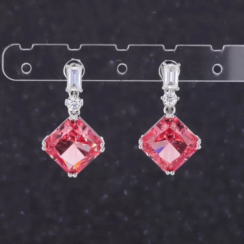 10×10mm Princess Cut Lab Grown Padparadscha Pink Sapphire 18K White Gold Diamond Earrings