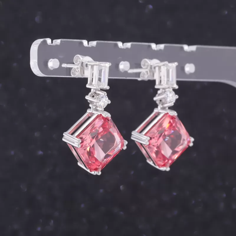 10×10mm Princess Cut Lab Grown Padparadscha Pink Sapphire 18K White Gold Diamond Earrings