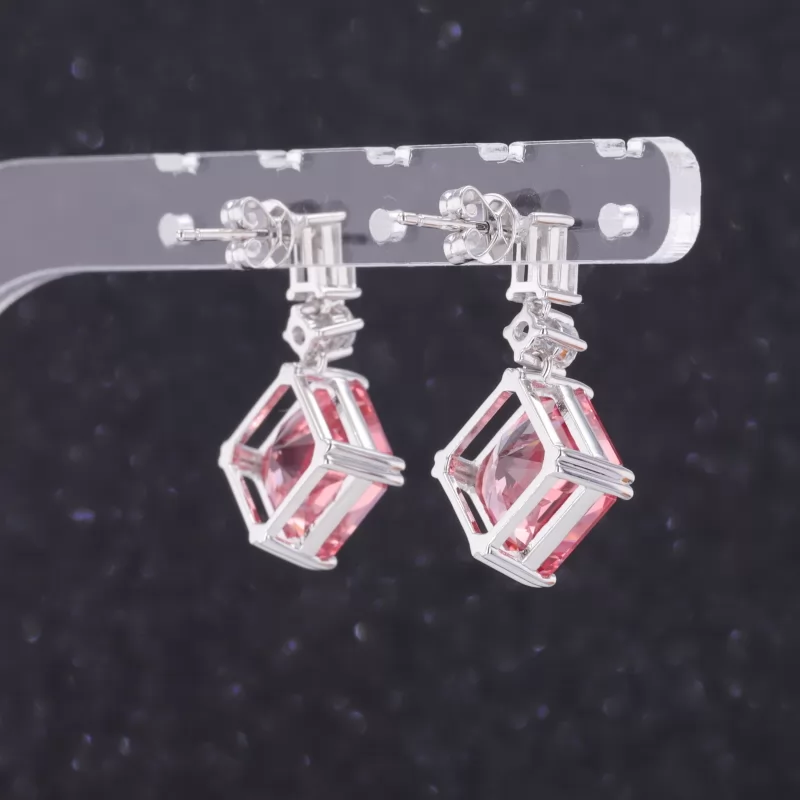 10×10mm Princess Cut Lab Grown Padparadscha Pink Sapphire 18K White Gold Diamond Earrings