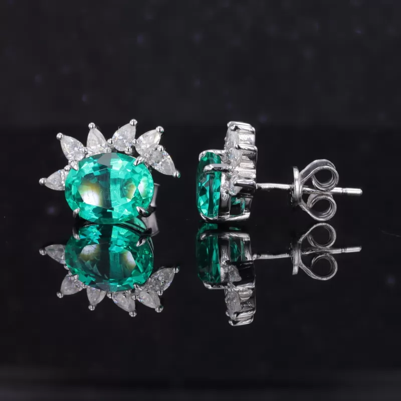 7×9mm Oval Cut Lab Grown Emerald 14K White Gold Diamond Stud Earrings