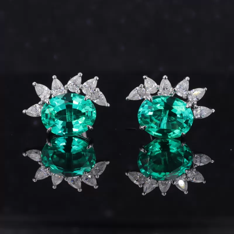 7×9mm Oval Cut Lab Grown Emerald 14K White Gold Diamond Stud Earrings