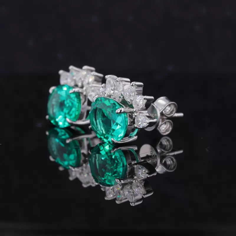 7×9mm Oval Cut Lab Grown Emerald 14K White Gold Diamond Stud Earrings