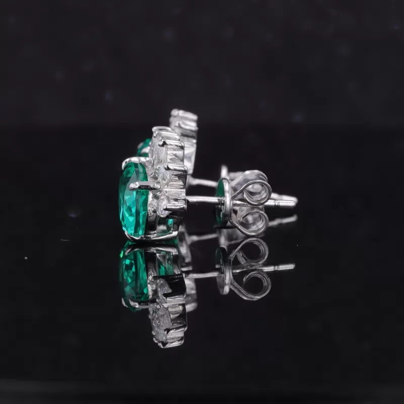 7×9mm Oval Cut Lab Grown Emerald 14K White Gold Diamond Stud Earrings