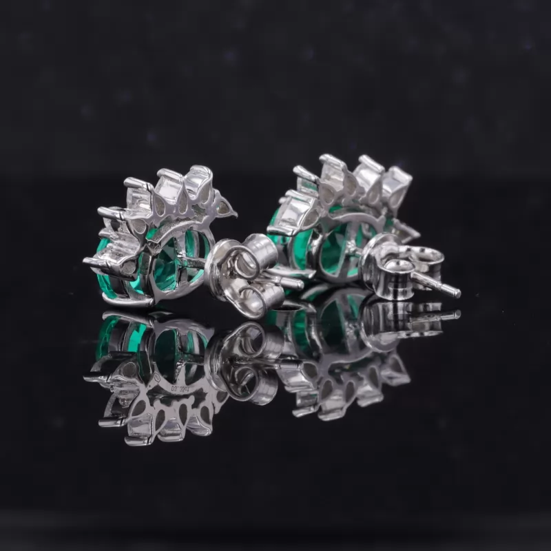 7×9mm Oval Cut Lab Grown Emerald 14K White Gold Diamond Stud Earrings