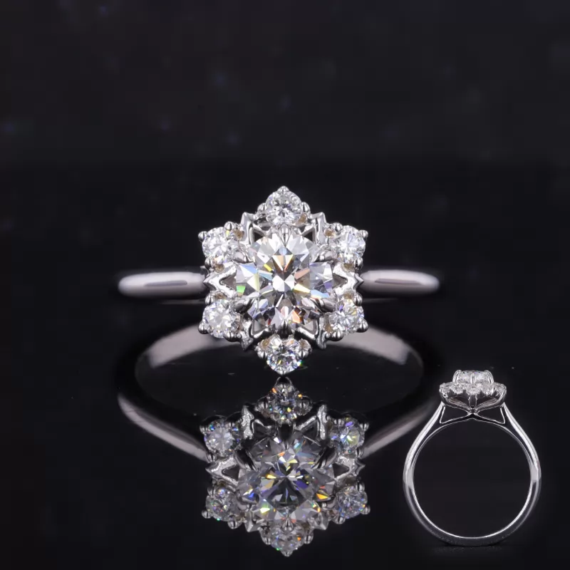 Round Brilliant Cut Moissanite 18K White Gold Halo Engagement Ring