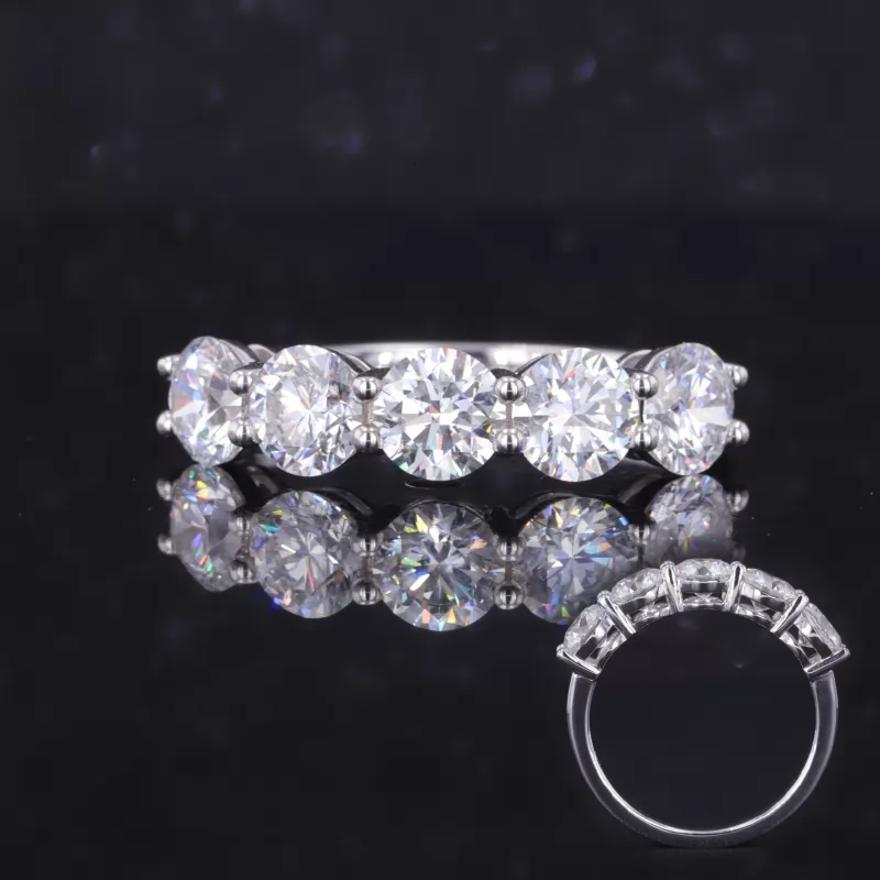 5.3mm Round Brilliant Cut Lab Grown Diamond 18K White Gold Five Stone Diamond Ring