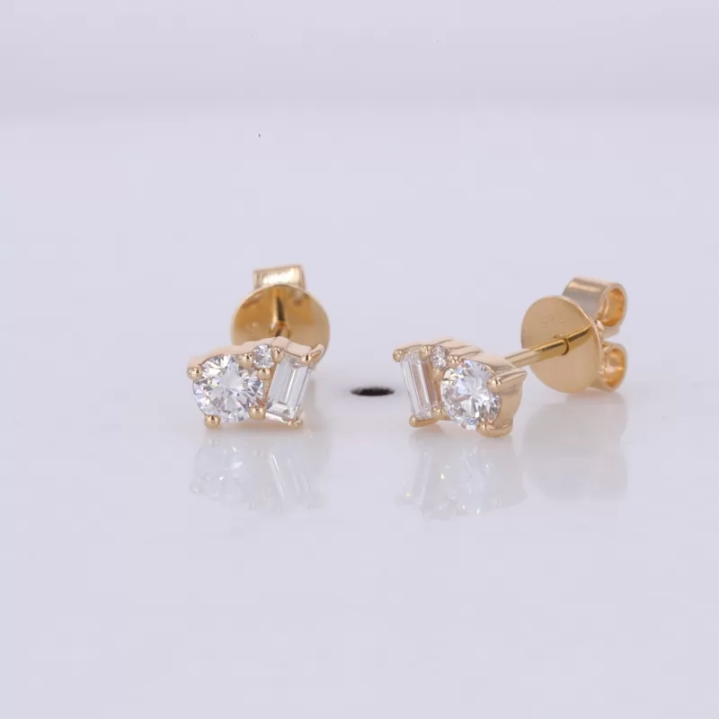 3×1.5mm Baguette Step Cut Lab Grown Diamond & 3mm Round Brilliant Cut Lab Grown Diamond 14K Yellow Gold Diamond Stud Earrings