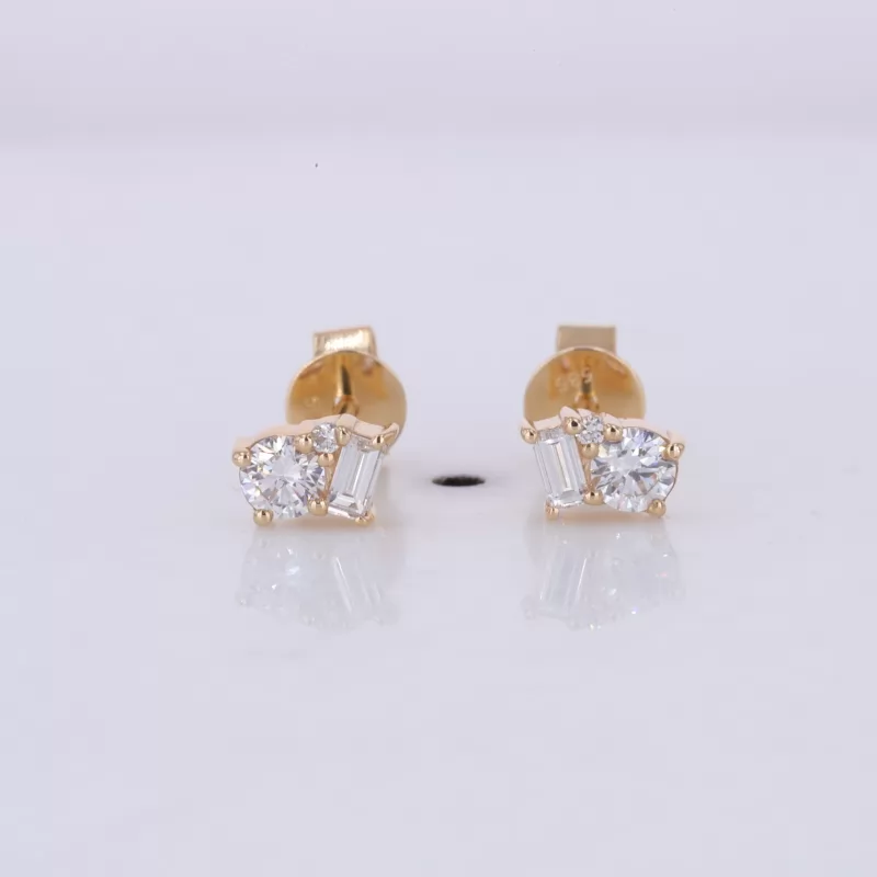 3×1.5mm Baguette Step Cut Lab Grown Diamond & 3mm Round Brilliant Cut Lab Grown Diamond 14K Yellow Gold Diamond Stud Earrings