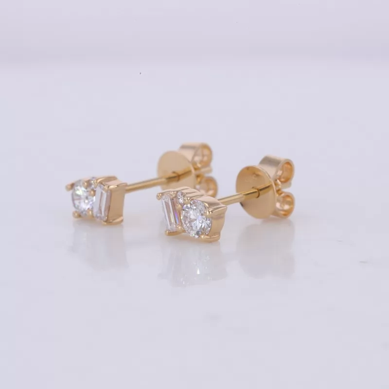 3×1.5mm Baguette Step Cut Lab Grown Diamond & 3mm Round Brilliant Cut Lab Grown Diamond 14K Yellow Gold Diamond Stud Earrings