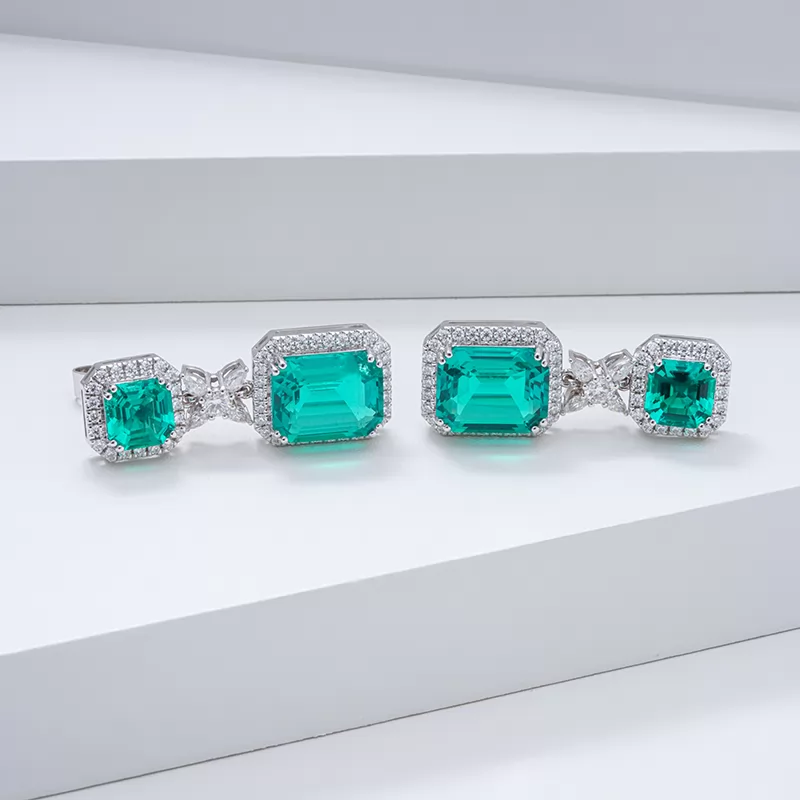 8×10mm Octagon Emerald Cut & 6×6mm Asscher Cut Lab Gemstones 14K Gold Diamond Earrings