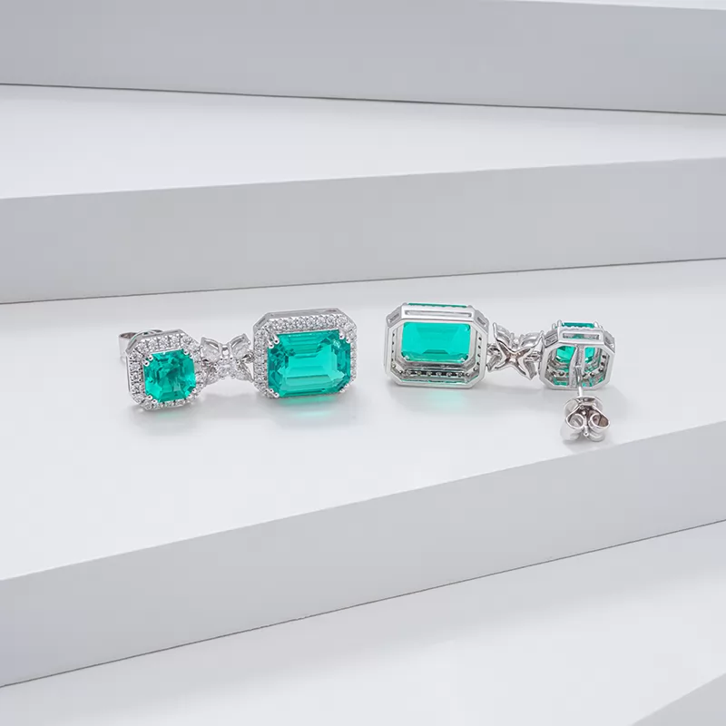 8×10mm Octagon Emerald Cut & 6×6mm Asscher Cut Lab Gemstones 14K Gold Diamond Earrings