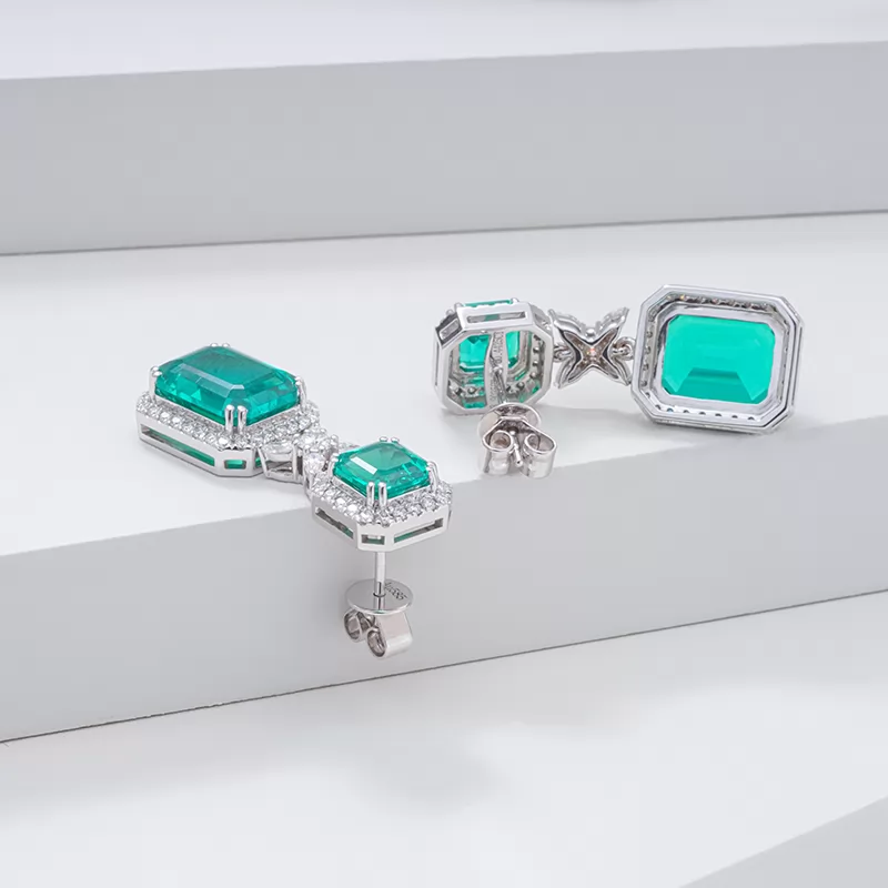 8×10mm Octagon Emerald Cut & 6×6mm Asscher Cut Lab Gemstones 14K Gold Diamond Earrings