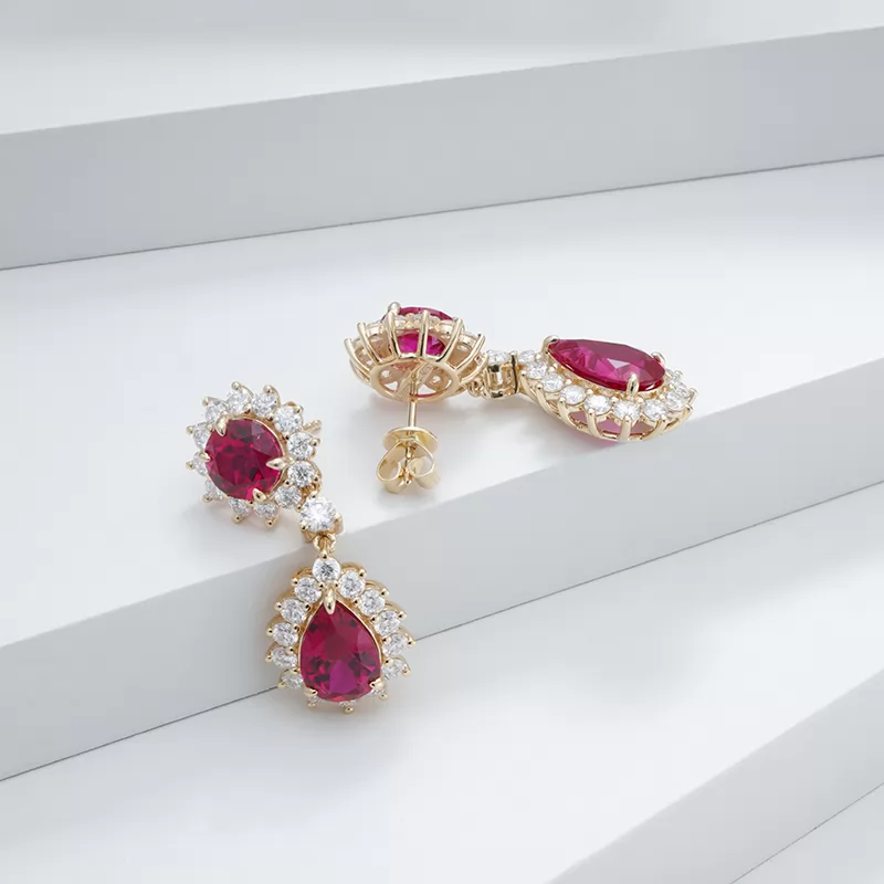 7mm Round Brilliant Cut & 7×11mm Pear Cut Lab Grown Ruby 14K Yellow Gold Diamond Earrings