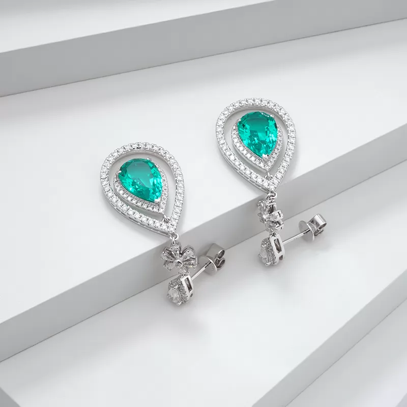 8×12mm Pear Cut Lab Grown Emerald 14K White Gold Diamond Earrings
