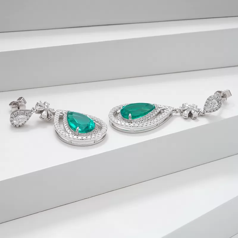8×12mm Pear Cut Lab Grown Emerald 14K White Gold Diamond Earrings