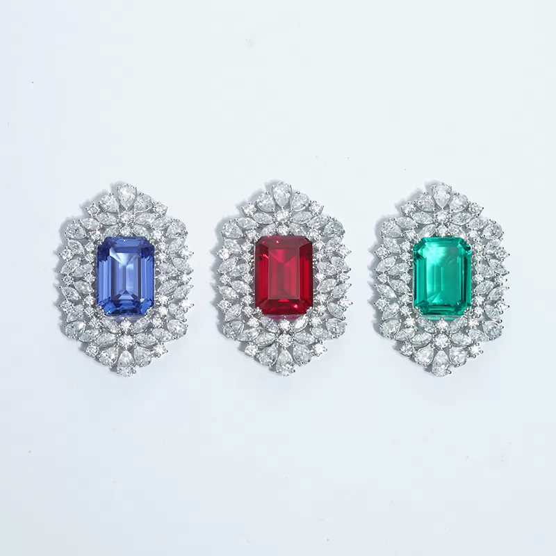 13×18mm Octagon Emerald Cut Lab Gemstones 14K White Gold Diamond Pendants
