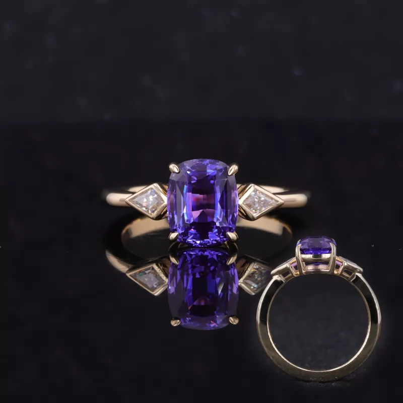 6.5×8mm Cushion Cut Amethyst 10K Yellow Gold Three Stone Engagement Ring