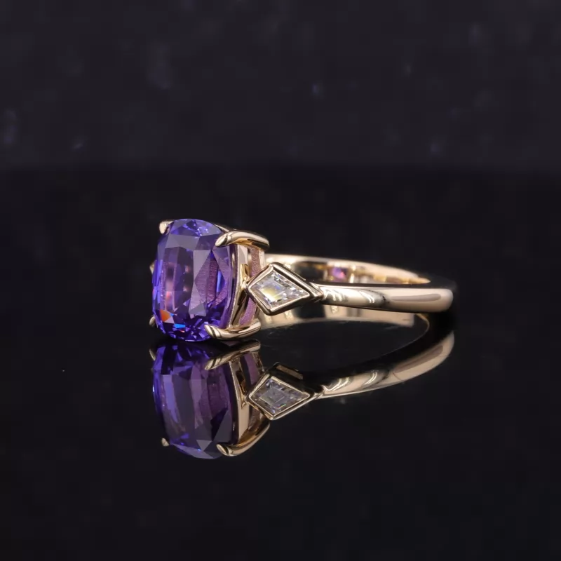 6.5×8mm Cushion Cut Amethyst 10K Yellow Gold Three Stone Engagement Ring