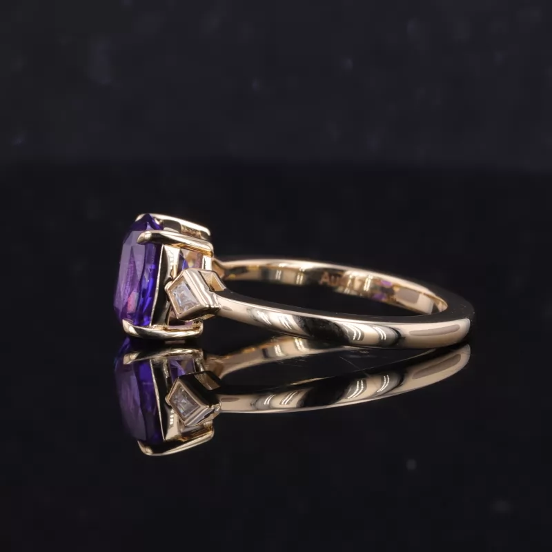 6.5×8mm Cushion Cut Amethyst 10K Yellow Gold Three Stone Engagement Ring