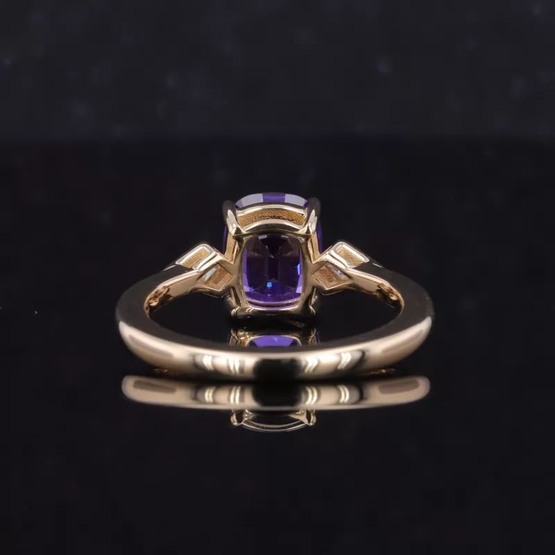 6.5×8mm Cushion Cut Amethyst 10K Yellow Gold Three Stone Engagement Ring