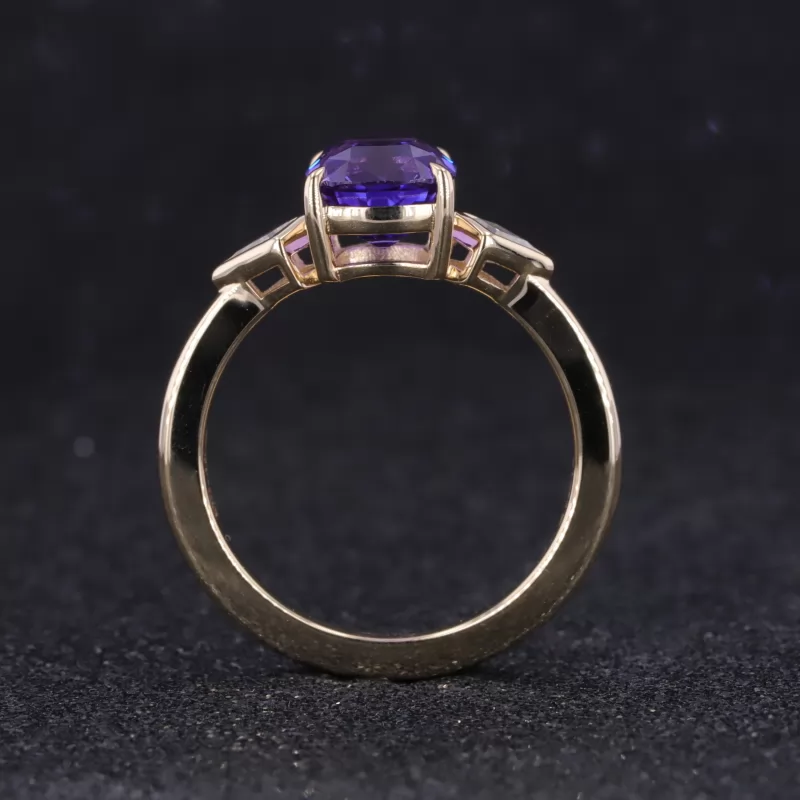 6.5×8mm Cushion Cut Amethyst 10K Yellow Gold Three Stone Engagement Ring