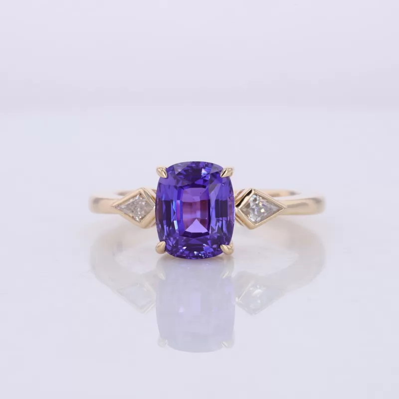 6.5×8mm Cushion Cut Amethyst 10K Yellow Gold Three Stone Engagement Ring