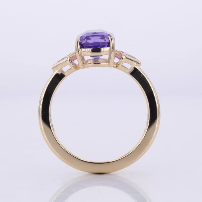 6.5×8mm Cushion Cut Amethyst 10K Yellow Gold Three Stone Engagement Ring