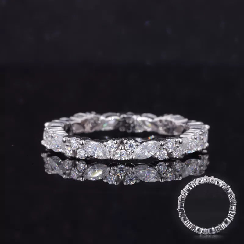 2×4mm Marquise Cut Moissanite & 1mm Round Brilliant Cut Moissanite 18K White Gold Diamond Eternity Ring