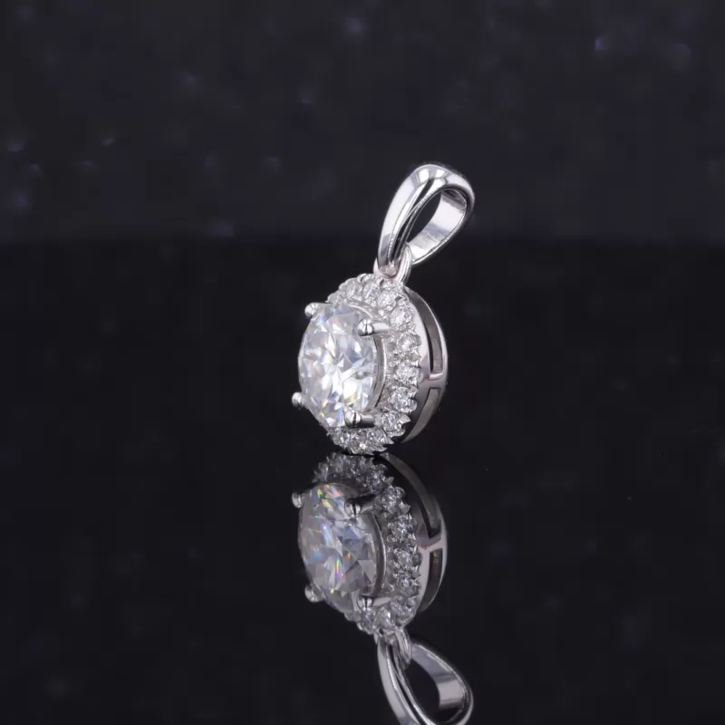 6.5mm Round Brilliant Cut Moissanite Halo Set 10K White Gold Diamond Pendant