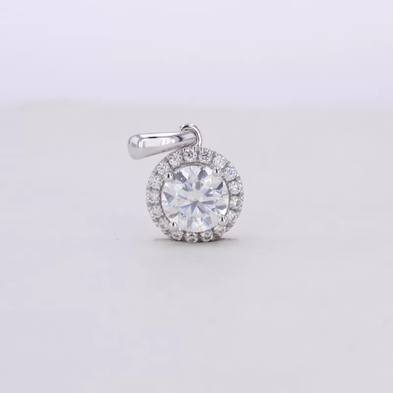 6.5mm Round Brilliant Cut Moissanite Halo Set 10K White Gold Diamond Pendant