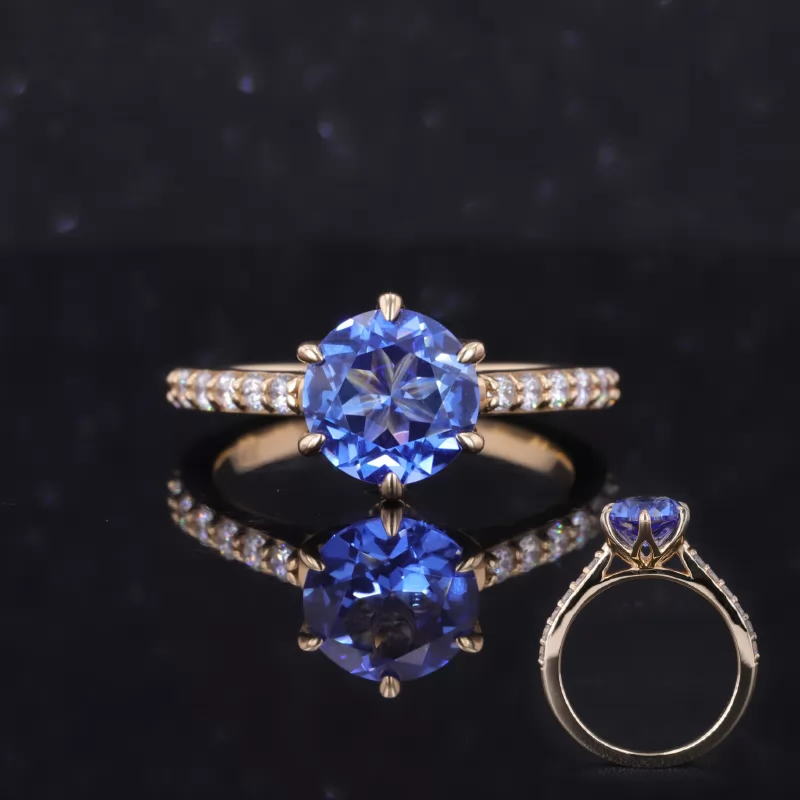 9mm Round Brilliant Cut Lab Grown Sapphire 14K Yellow Gold Pave Engagement Ring