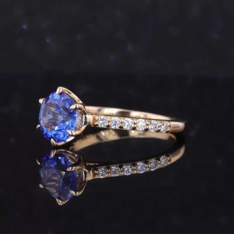 9mm Round Brilliant Cut Lab Grown Sapphire 14K Yellow Gold Pave Engagement Ring