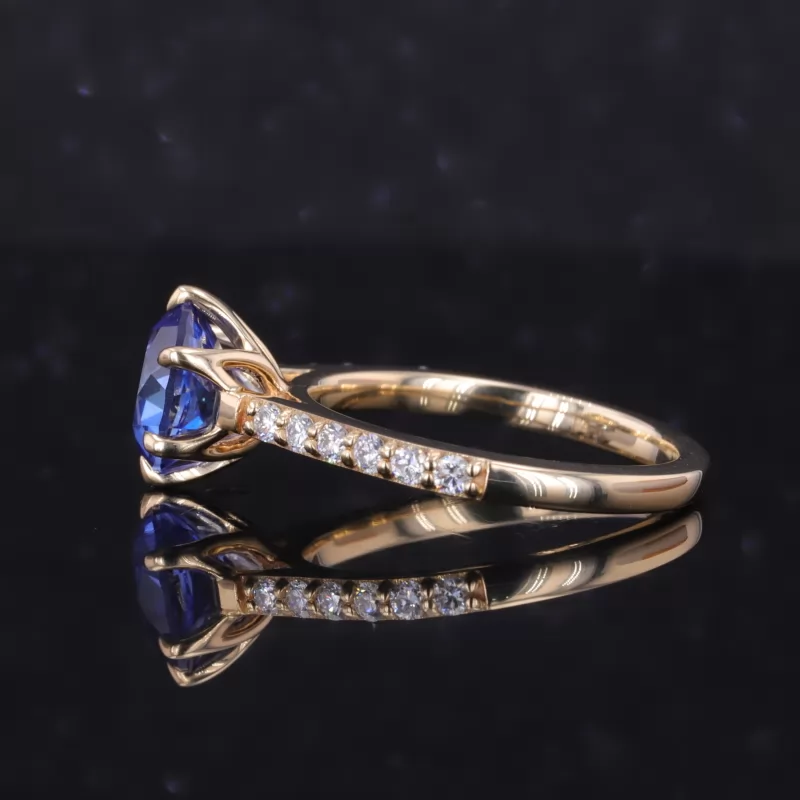 9mm Round Brilliant Cut Lab Grown Sapphire 14K Yellow Gold Pave Engagement Ring