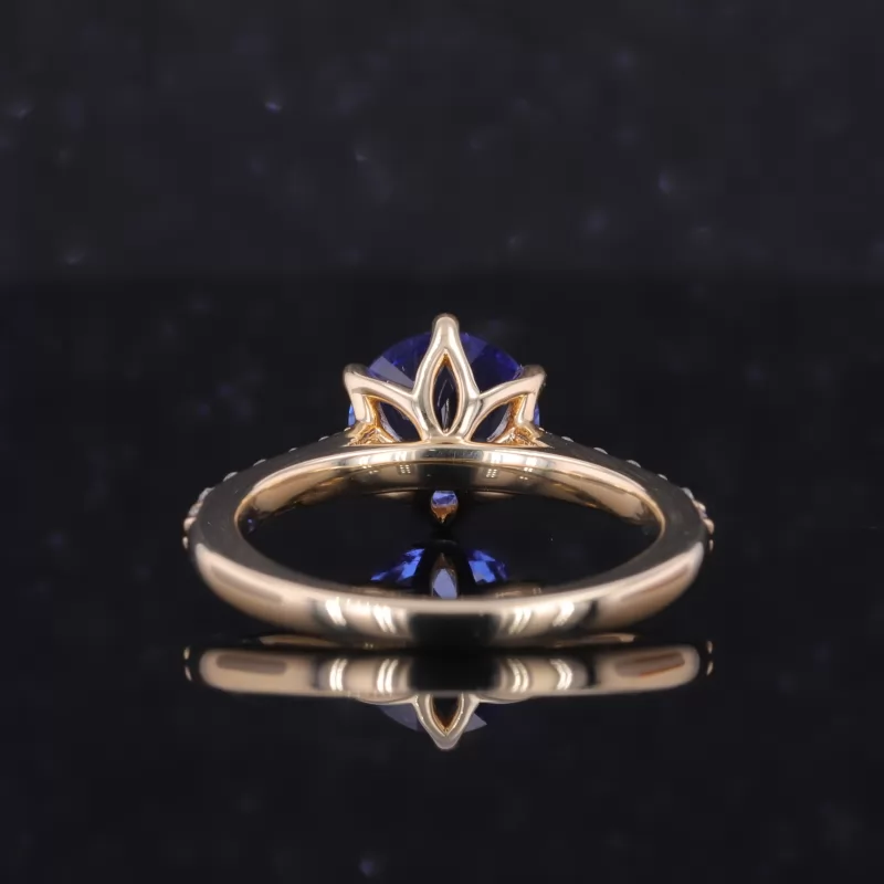 9mm Round Brilliant Cut Lab Grown Sapphire 14K Yellow Gold Pave Engagement Ring