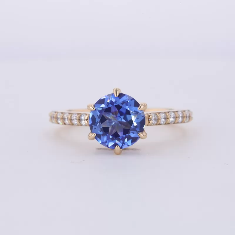 9mm Round Brilliant Cut Lab Grown Sapphire 14K Yellow Gold Pave Engagement Ring