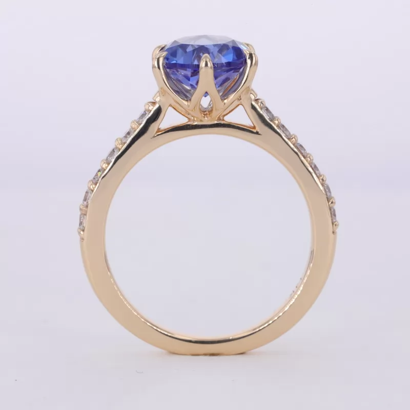 9mm Round Brilliant Cut Lab Grown Sapphire 14K Yellow Gold Pave Engagement Ring