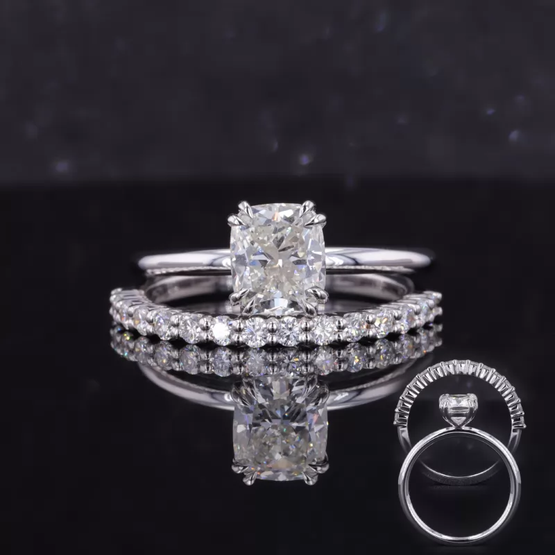 7.3×6.22mm Cushion Cut Lab Grown Diamond 18K White Gold Stackable Rings