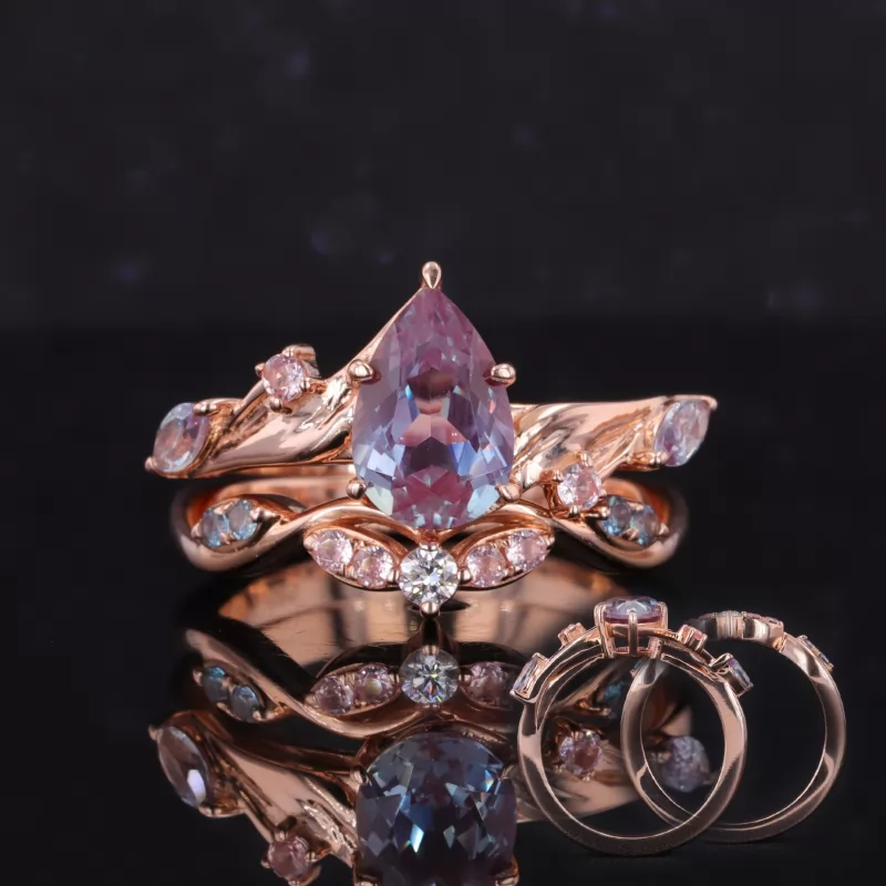 6×9mm Pear Cut Lab Grown Alexandrite Sapphire 14K Rose Gold Stackable Rings