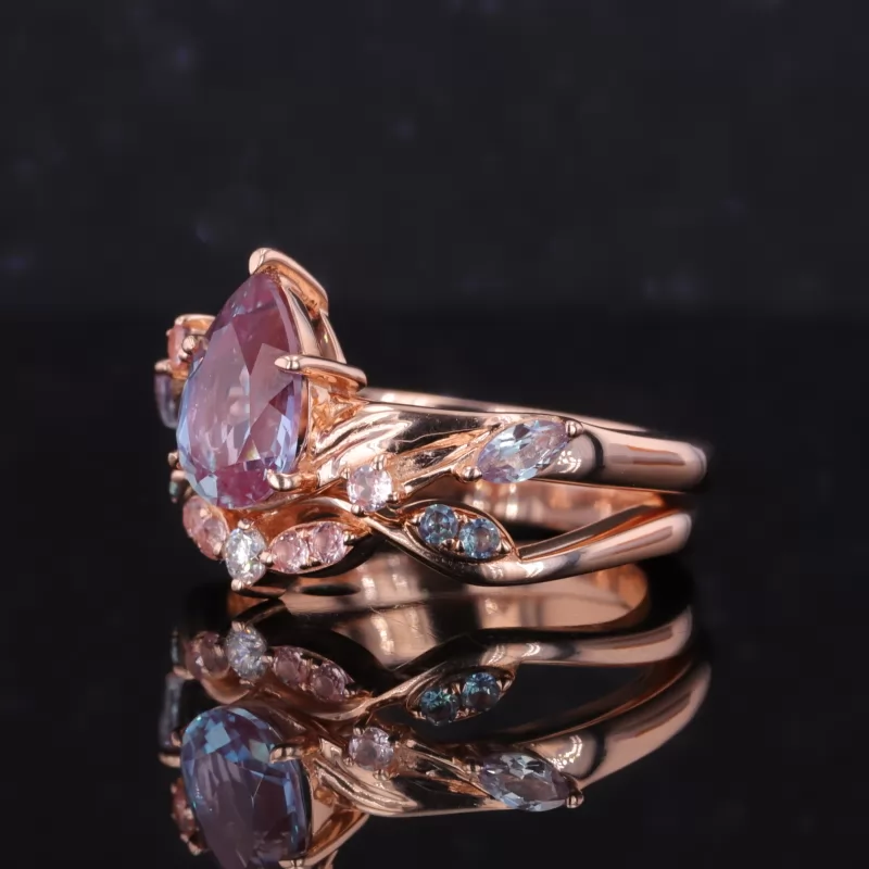 6×9mm Pear Cut Lab Grown Alexandrite Sapphire 14K Rose Gold Stackable Rings