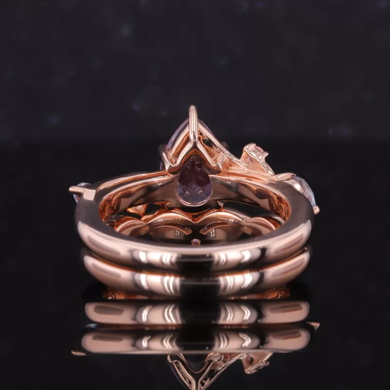 6×9mm Pear Cut Lab Grown Alexandrite Sapphire 14K Rose Gold Stackable Rings