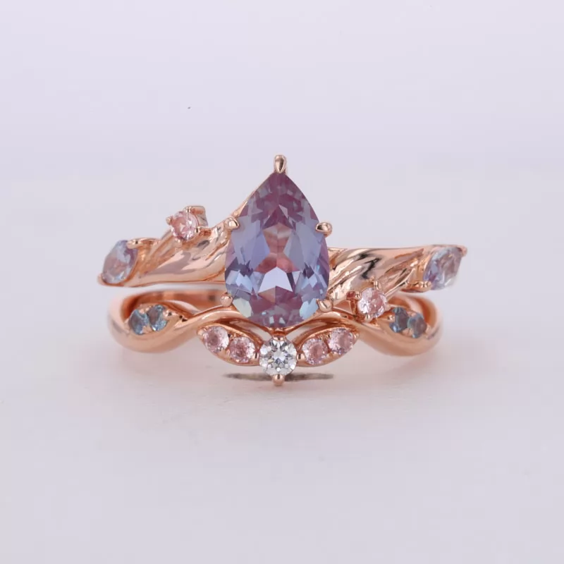6×9mm Pear Cut Lab Grown Alexandrite Sapphire 14K Rose Gold Stackable Rings